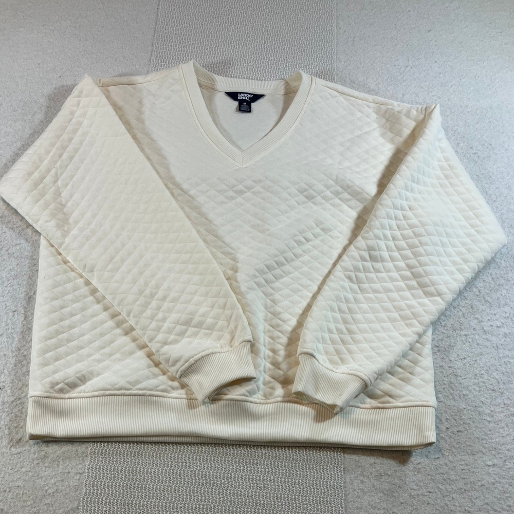 Lands End Quilted Lightweight V-Neck Sweater Cream Ivory Diamond Stitch Womens M